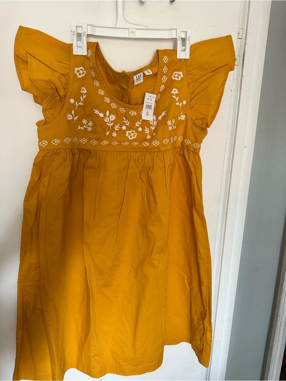 GAP Girls Mustard Embroidered Flutter-Sleeve Dress